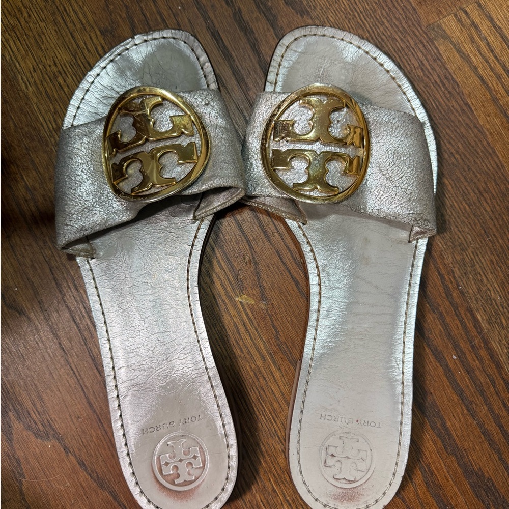 Tory Burch Metallic Silver Sandals with Gold Logo
